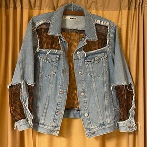 Top Shop Moto Denim Jacket with Leopard size US 2